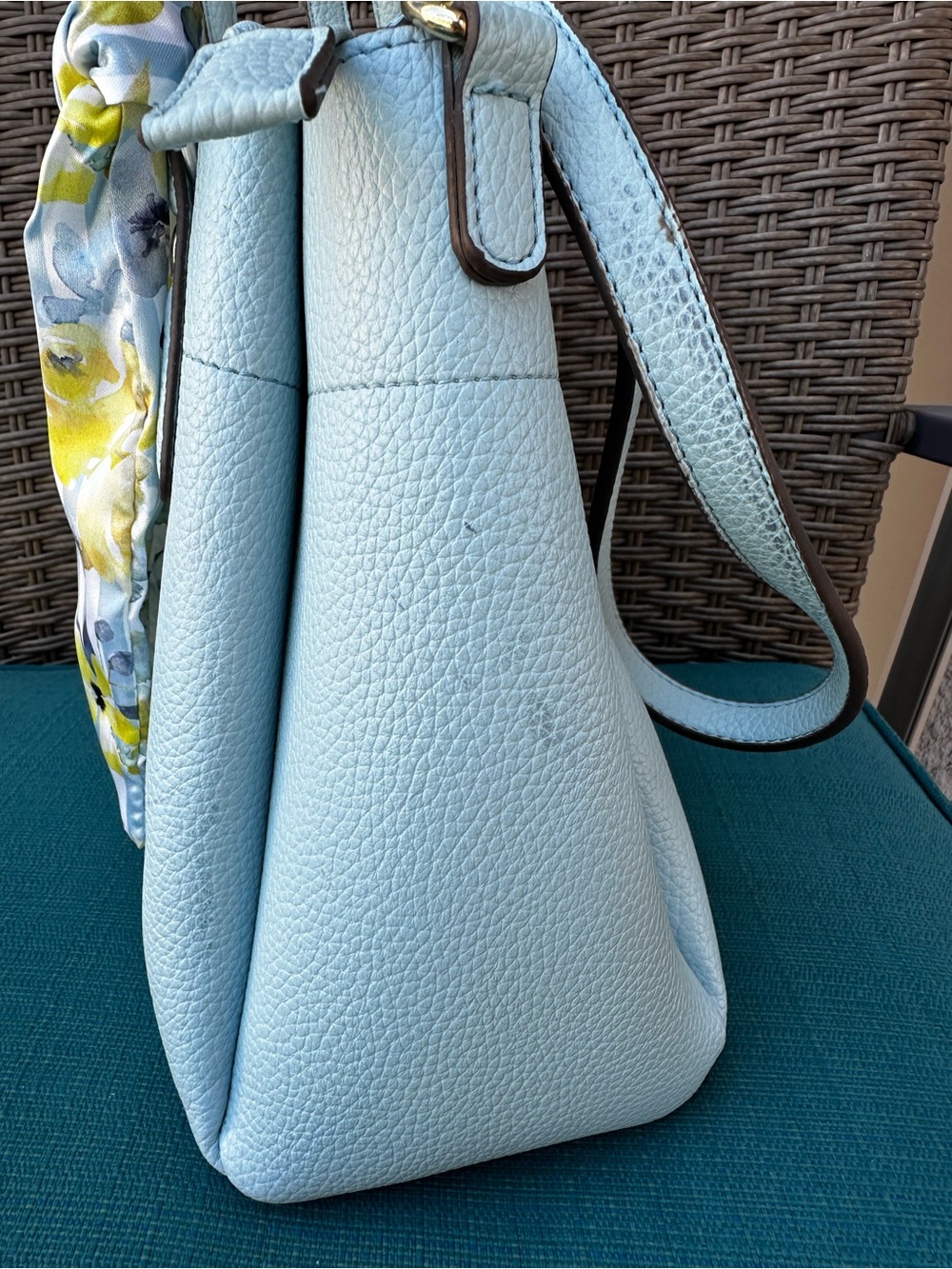 Nanette Lepore Light Blue Pebbled Leather Satchel with Floral Scarf 12X9” Pretty - Picture 7 of 16